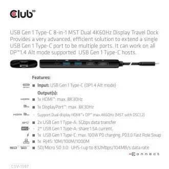 Club 3D Priključna postaja USB-C 8v1, 1xDP, 1xHDMI, 1xUSB-C PD100W, 2xUSB, bralnik kartic SD, siva Club 3D Priključna postaja USB-C 8v1, 1xDP, 1xHDMI, 1xUSB-C PD100W, 2xUSB, bralnik kartic SD, siva