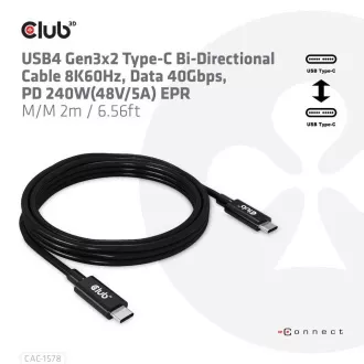 Club3D Cable USB4 Gen3x2 Type-C Reversible Cable 8K60Hz, Data 40 Gbps, PD 240W(48V/5A) EPR M/M 2m Club3D Cable USB4 Gen3x2 Type-C Reversible Cable 8K60Hz, Data 40 Gbps, PD 240W(48V/5A) EPR M/M 2m