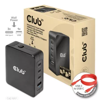 Club3D potovalni polnilec 140W GaN tehnologija, 3xUSB-C, 1xUSB-A, podpora PPS   PD 3.1