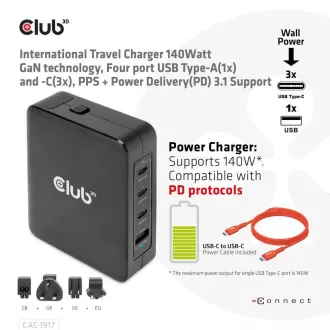Club3D potovalni polnilec 140W GaN tehnologija, 3xUSB-C, 1xUSB-A, podpora PPS   PD 3.1