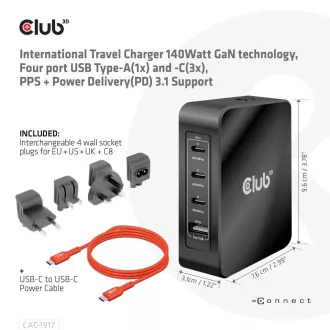 Club3D potovalni polnilec 140W GaN tehnologija, 3xUSB-C, 1xUSB-A, podpora PPS   PD 3.1