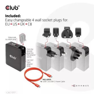Club3D potovalni polnilec 140W GaN tehnologija, 3xUSB-C, 1xUSB-A, podpora PPS   PD 3.1