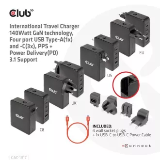 Club3D potovalni polnilec 140W GaN tehnologija, 3xUSB-C, 1xUSB-A, podpora PPS   PD 3.1