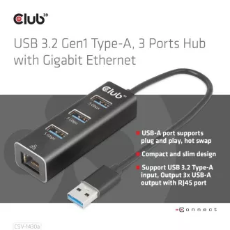 Club3D Hub, USB-A 3.2 Gen1 do 3x USB 3.1, gigabitni ethernet