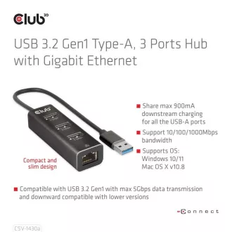 Club3D Hub, USB-A 3.2 Gen1 do 3x USB 3.1, gigabitni ethernet
