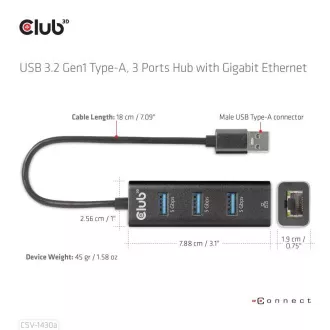 Club3D Hub, USB-A 3.2 Gen1 do 3x USB 3.1, gigabitni ethernet