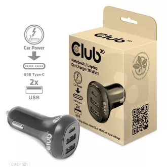 Club3D Avtomobilski polnilnik za prenosne računalnike 36 W, 3 vrata (2xUSB-A   USB-C)