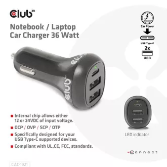 Club3D Avtomobilski polnilnik za prenosne računalnike 36 W, 3 vrata (2xUSB-A   USB-C)
