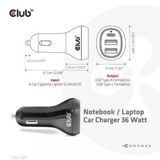 Club3D Avtomobilski polnilnik za prenosne računalnike 36 W, 3 vrata (2xUSB-A   USB-C)