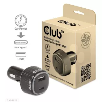 Club3D Avtomobilski polnilnik za prenosne računalnike 63 W, 2 vhoda (USB-A   USB-C)