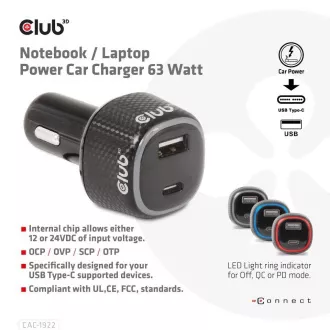 Club3D Avtomobilski polnilnik za prenosne računalnike 63 W, 2 vhoda (USB-A   USB-C)