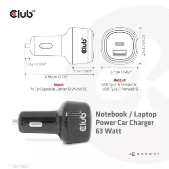 Club3D Avtomobilski polnilnik za prenosne računalnike 63 W, 2 vhoda (USB-A   USB-C)