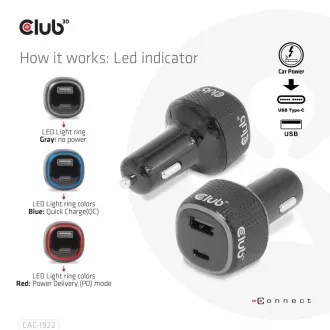 Club3D Avtomobilski polnilnik za prenosne računalnike 63 W, 2 vhoda (USB-A   USB-C)