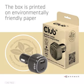 Club3D Avtomobilski polnilnik za prenosne računalnike 63 W, 2 vhoda (USB-A   USB-C)