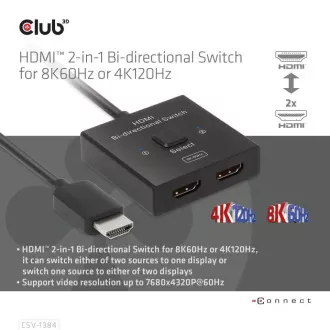 Club3D stikalo, HDMI na 2xHDMI, obojestransko 2v1, 8K60Hz, 4K120Hz