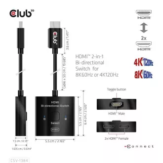 Club3D stikalo, HDMI na 2xHDMI, obojestransko 2v1, 8K60Hz, 4K120Hz