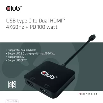 Club3D Video vozlišče MST USB-C na 2xHDMI   USB-C PD 3.0, 4K60Hz