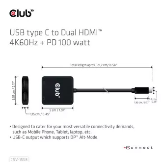 Club3D Video vozlišče MST USB-C na 2xHDMI   USB-C PD 3.0, 4K60Hz