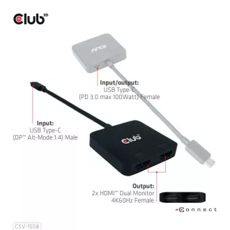Club3D Video vozlišče MST USB-C na 2xHDMI   USB-C PD 3.0, 4K60Hz