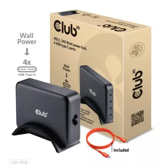 Club3D Potovalni polnilec 240W, tehnologija GaN, 4xUSB-C, podpora PPS   PD 3.1