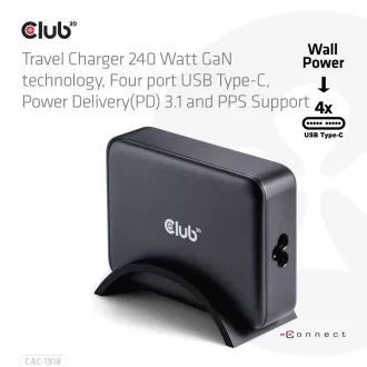 Club3D Potovalni polnilec 240W, tehnologija GaN, 4xUSB-C, podpora PPS   PD 3.1