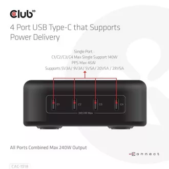 Club3D Potovalni polnilec 240W, tehnologija GaN, 4xUSB-C, podpora PPS   PD 3.1
