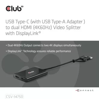 Club3D Video vozlišče USB-C/A na 2xHDMI 2.0, dvojni monitor, 4K60Hz (M/F)