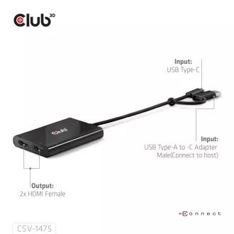 Club3D Video vozlišče USB-C/A na 2xHDMI 2.0, dvojni monitor, 4K60Hz (M/F)