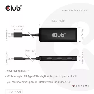 Club3D Hub MST USB-C na 3xHDMI, enojni: 8K30Hz, trojni: 4K60Hz