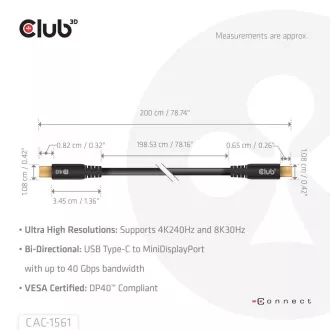 Club3D Kabel USB-C do MiniDisplayPort 2.1, 8K30Hz, DSC1.2, UHBR10, 2 m