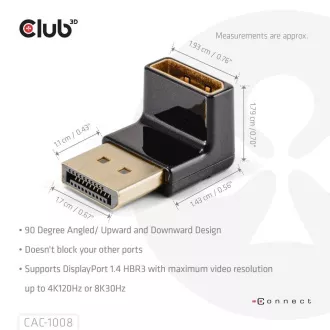 Club3D adapter DisplayPort na DisplayPort 1.4, 4K120Hz, 8K30Hz, 90°