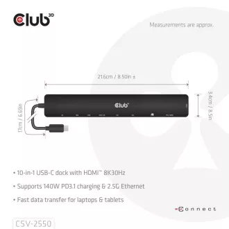 Club3D USB-C 10in1 priklopna postaja, 140W PD, 1xHDMI, 3xUSB-C, 3xUSB, 1xRJ45, črna