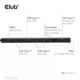 Club3D USB-C 10in1 priklopna postaja, 140W PD, 1xHDMI, 3xUSB-C, 3xUSB, 1xRJ45, črna