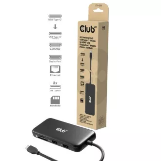 Club3D Priključna postaja USB-C 8v1, 1xHDMI, 1xDP, 1xUSB-C, 2xUSB, 1xRJ45, črna