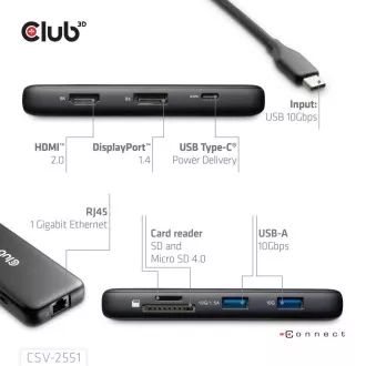 Club3D Priključna postaja USB-C 8v1, 1xHDMI, 1xDP, 1xUSB-C, 2xUSB, 1xRJ45, črna