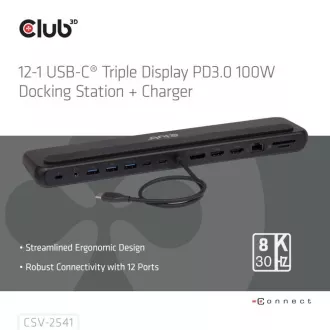 Club3D Priključna postaja USB-C 12v1, 2xHDMI, 1xDP, 2xUSB-C, 3xUSB, 1xRJ45, 1x3,5 mm, črna