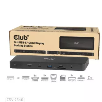 Club3D Priključna postaja USB-C 14v1, 2xHDMI, 2xDP, 3xUSB-C, 1xUSB-C PD, 2xUSB, 1xRJ45, 1x3,5 mm, microSD/SD, črna