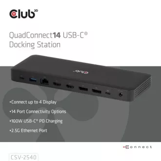 Club3D Priključna postaja USB-C 14v1, 2xHDMI, 2xDP, 3xUSB-C, 1xUSB-C PD, 2xUSB, 1xRJ45, 1x3,5 mm, microSD/SD, črna