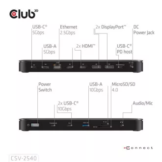 Club3D Priključna postaja USB-C 14v1, 2xHDMI, 2xDP, 3xUSB-C, 1xUSB-C PD, 2xUSB, 1xRJ45, 1x3,5 mm, microSD/SD, črna