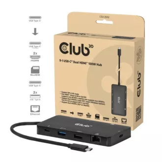 Club3D Priključna postaja USB-C 9v1, 2xHDMI, 1xUSB-C, 1xUSB-C PD, 2xUSB, 1xRJ45, microSD/SD, črna