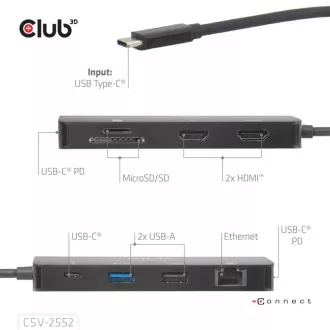 Club3D Priključna postaja USB-C 9v1, 2xHDMI, 1xUSB-C, 1xUSB-C PD, 2xUSB, 1xRJ45, microSD/SD, črna