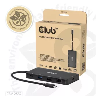 Club3D Priključna postaja USB-C 9v1, 2xHDMI, 1xUSB-C, 1xUSB-C PD, 2xUSB, 1xRJ45, microSD/SD, črna