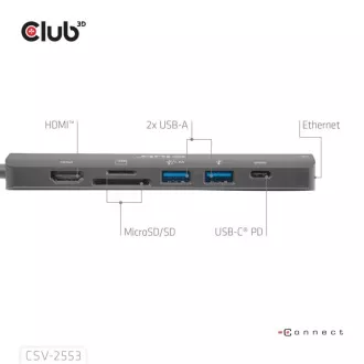 Club3D Priključna postaja USB-C 7in1, 1xHDMI, 1xUSB-C PD, 2xUSB, 1xRJ45, microSD/SD, črna