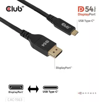 Club3D dvosmerni kabel USB-C na DisplayPort 2.1 DP54, 8K120Hz, 4K480Hz, 2 m