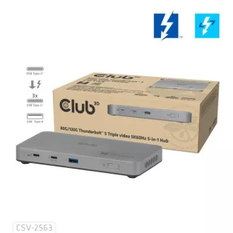 Club3D Hub Thunderbolt 5 5v1, 3x USB-C TB5, 1x USB-A, 1x8K60Hz, 3x 5K60Hz, certifikat Thunderbolt Share, 180 W