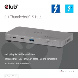 Club3D Hub Thunderbolt 5 5v1, 3x USB-C TB5, 1x USB-A, 1x8K60Hz, 3x 5K60Hz, certifikat Thunderbolt Share, 180 W