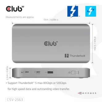 Club3D Hub Thunderbolt 5 5v1, 3x USB-C TB5, 1x USB-A, 1x8K60Hz, 3x 5K60Hz, certifikat Thunderbolt Share, 180 W