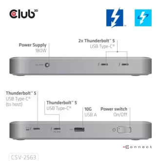 Club3D Hub Thunderbolt 5 5v1, 3x USB-C TB5, 1x USB-A, 1x8K60Hz, 3x 5K60Hz, certifikat Thunderbolt Share, 180 W