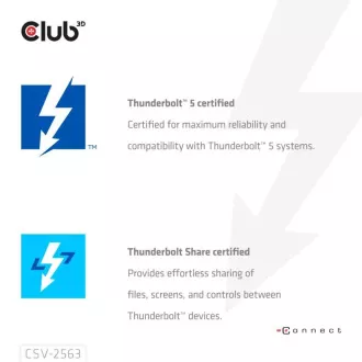 Club3D Hub Thunderbolt 5 5v1, 3x USB-C TB5, 1x USB-A, 1x8K60Hz, 3x 5K60Hz, certifikat Thunderbolt Share, 180 W