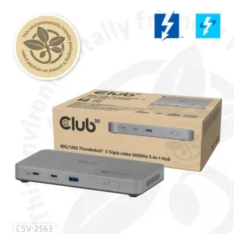 Club3D Hub Thunderbolt 5 5v1, 3x USB-C TB5, 1x USB-A, 1x8K60Hz, 3x 5K60Hz, certifikat Thunderbolt Share, 180 W